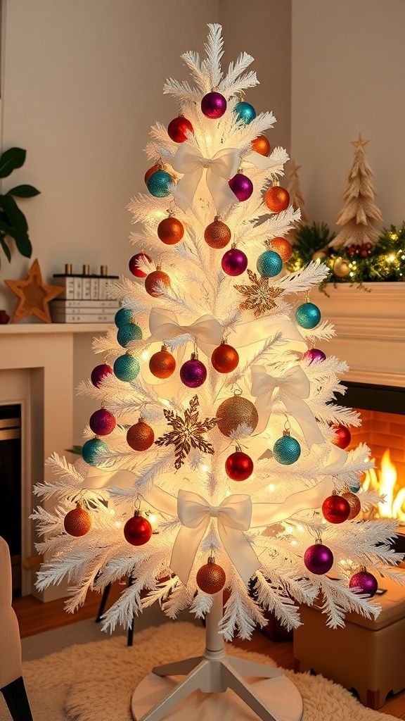 3ft White Christmas Tree Decoration Ideas A 3ft white Christmas tree decorated with colorful ornaments and lights in a cozy living room.